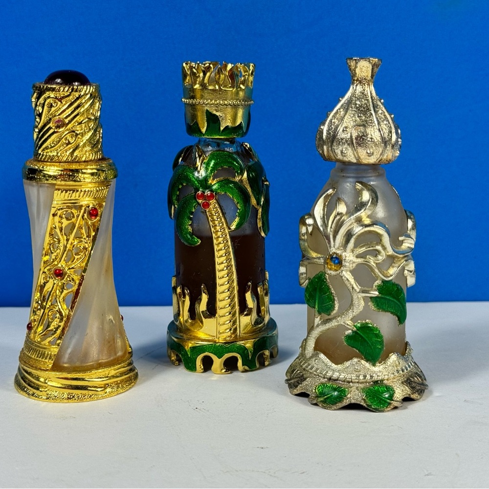 3 Vtg Glass Perfume Bottles w Dauber Middle Eastern Oils Palm Tree Flower EMPTY